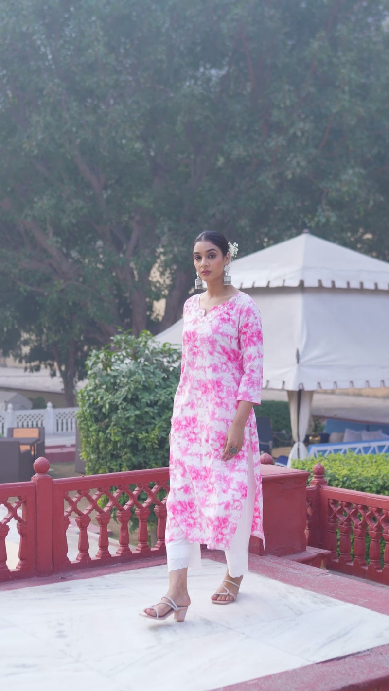 Varanga Women Pink Shibori Straight Kurta With Embroidered Neckline