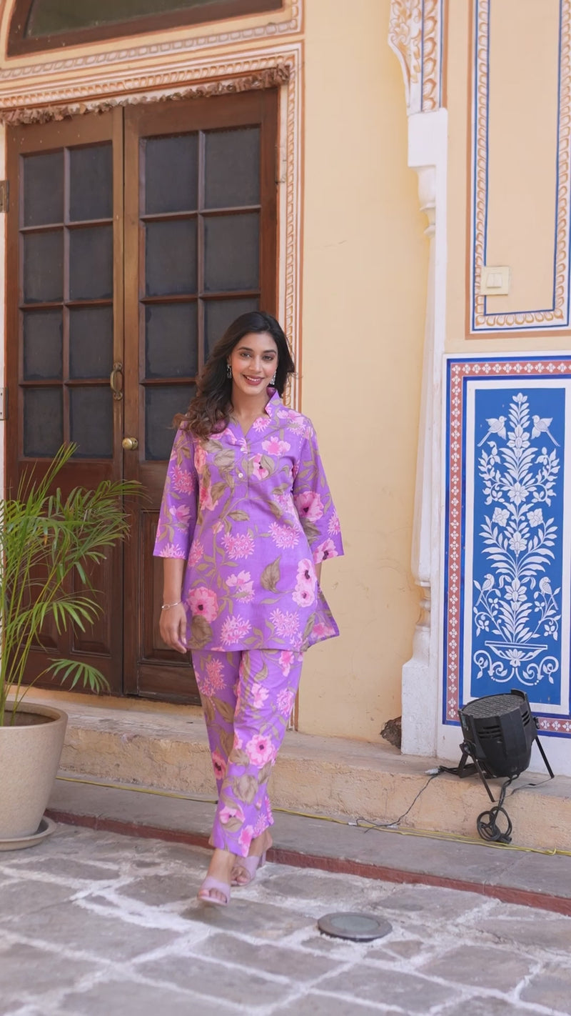 KSUT Women Lavender Floral Printed Cotton Co-Ords