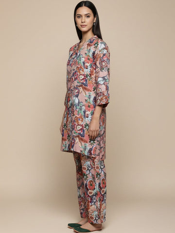 KSUT Women Beige Floral Printed Tunic Paired With Tonal Bottom