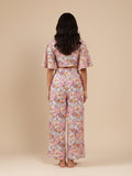 KSUT Women Grey Floral Printed Flared Sleeves, Front Open With Tie Up Details Crop Top Paired With Flared Bottom