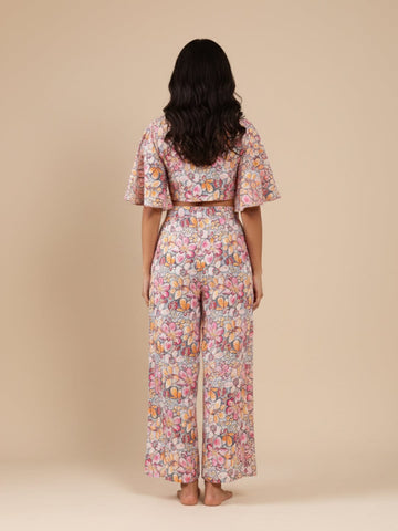 KSUT Women Grey Floral Printed Flared Sleeves, Front Open With Tie Up Details Crop Top Paired With Flared Bottom