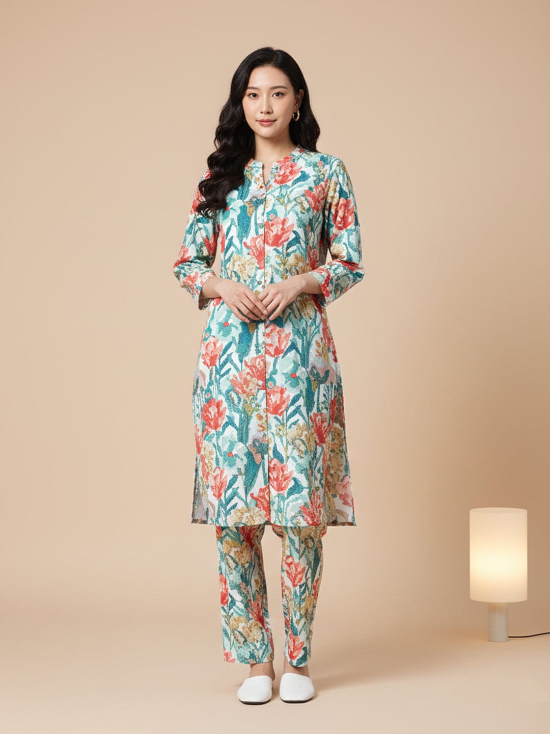 KSUT Women Cream Floral Printed High Low Straight Kurta Paired With Tonal Bottom