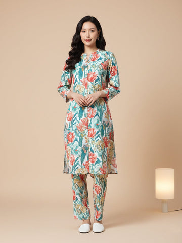 KSUT Women Cream Floral Printed High Low Straight Kurta Paired With Tonal Bottom
