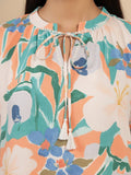KSUT Women Orange Floral Printed Mandarin Collar With Gathered Details, Bishop Sleeves Straight Kurta Paired With Printed Bottom