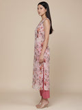 KSUT Women Beige & Pink Floral Printed V-Neck Sleeveless Straight Kurta Paired With Tonal Bottom
