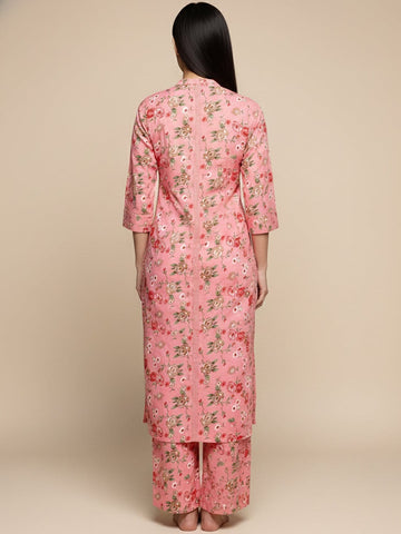 KSUT Women Pink Floral Printed Straight Kurta Paired With Tonal Printed Bottom