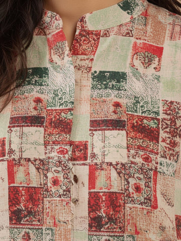KSUT Women Beige Geometrical Printed Straight Kurta With Bishop Sleeves Paired With Tonal Printed Dhoti Style Bottom