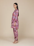 KSUT Women Purple Abstract Printed V-Neck A-Line Kurta Paired With Tonal Bottom