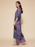 KSUT abstract printed mandarin collar, high low straight kurta with side slits paired with tonal bottom