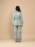 KSUT Women Teal Abstract Printed V-Neck Angrakha Style Top Paired With Tonal Printed Flared Bottom