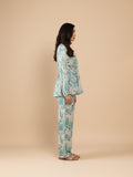 KSUT Women Teal Abstract Printed V-Neck Angrakha Style Top Paired With Tonal Printed Flared Bottom