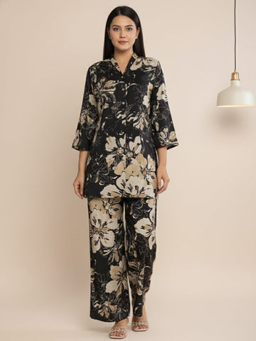 KSUT Women Floral Printed Front Placket Shirt with Flared Palazzo