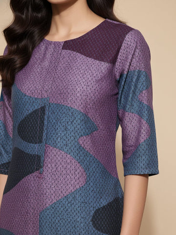 KSUT abstract printed mandarin collar, high low straight kurta with side slits paired with tonal bottom