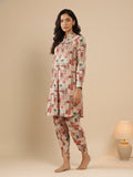 KSUT Women Beige Geometrical Printed Straight Kurta With Bishop Sleeves Paired With Tonal Printed Dhoti Style Bottom