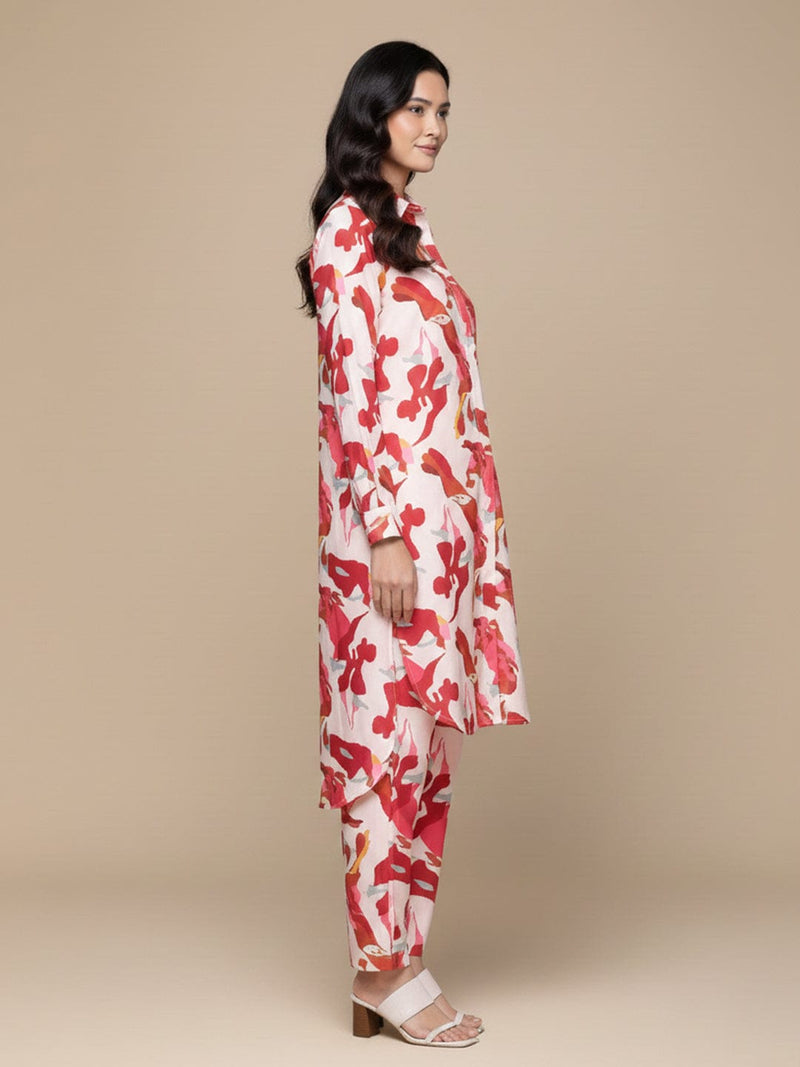KSUT Women Cream Abstract Printed Shirt Collar Straight Kurta Paired With Tonal Bottom