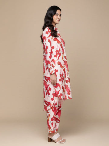 KSUT Women Cream Abstract Printed Shirt Collar Straight Kurta Paired With Tonal Bottom