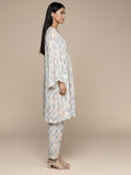KSUT Women Ivory Grey Ikat Printed V Neck A Line Kurta With Flared Sleeves Paired With Tonal Printed Bottom
