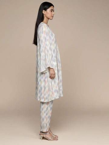 KSUT Women Ivory Grey Ikat Printed V Neck A Line Kurta With Flared Sleeves Paired With Tonal Printed Bottom