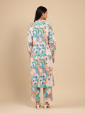 KSUT Women Orange Floral Printed Mandarin Collar With Gathered Details, Bishop Sleeves Straight Kurta Paired With Printed Bottom