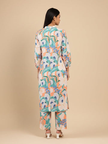 KSUT Women Orange Floral Printed Mandarin Collar With Gathered Details, Bishop Sleeves Straight Kurta Paired With Printed Bottom