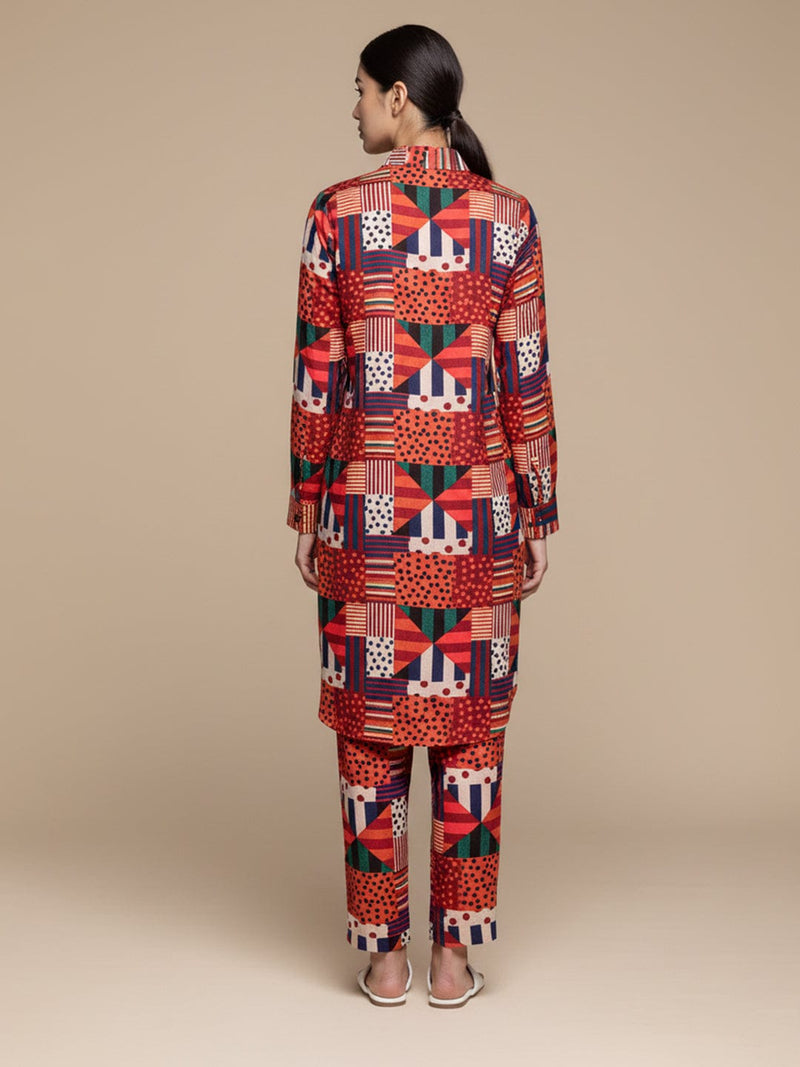 KSUT Women Multi Colour Abstract Printed Shirt Collar Straight Kurta Paired With Tonal Bottom