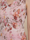 KSUT Women Beige & Pink Floral Printed V-Neck Sleeveless Straight Kurta Paired With Tonal Bottom