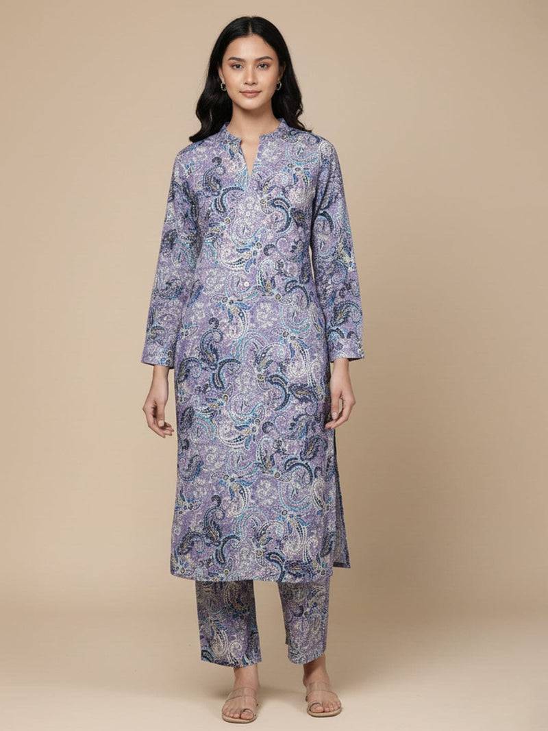 KSUT Women Lavender Paisley Printed Mandarin Collar With Slit Straight Kurta With Three Quarter Sleeves With Cuff Straight Kurta Paired With Tonal Bottom