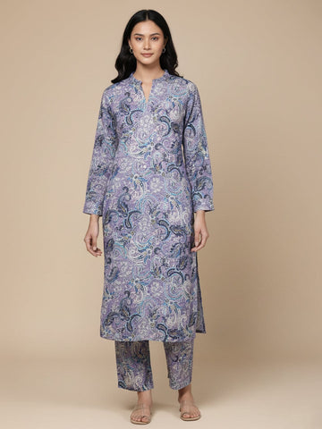 KSUT Women Lavender Paisley Printed Mandarin Collar With Slit Straight Kurta With Three Quarter Sleeves With Cuff Straight Kurta Paired With Tonal Bottom