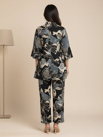 KSUT Women Floral Printed Front Placket Shirt with Flared Palazzo