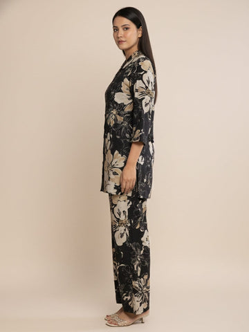 KSUT Women Floral Printed Front Placket Shirt with Flared Palazzo