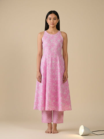 KSUT Women Lavender And White Floral Printed Anarkali Kurta Paired With Tonal Bottom