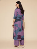KSUT abstract printed mandarin collar, high low straight kurta with side slits paired with tonal bottom