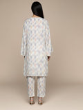 KSUT Women Ivory Grey Ikat Printed V Neck A Line Kurta With Flared Sleeves Paired With Tonal Printed Bottom