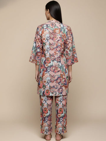 KSUT Women Beige Floral Printed Tunic Paired With Tonal Bottom