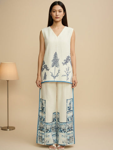 Off-white printed co-ord set featuring a sleeveless V-neck top and relaxed palazzo trousers for a chic, casual look.