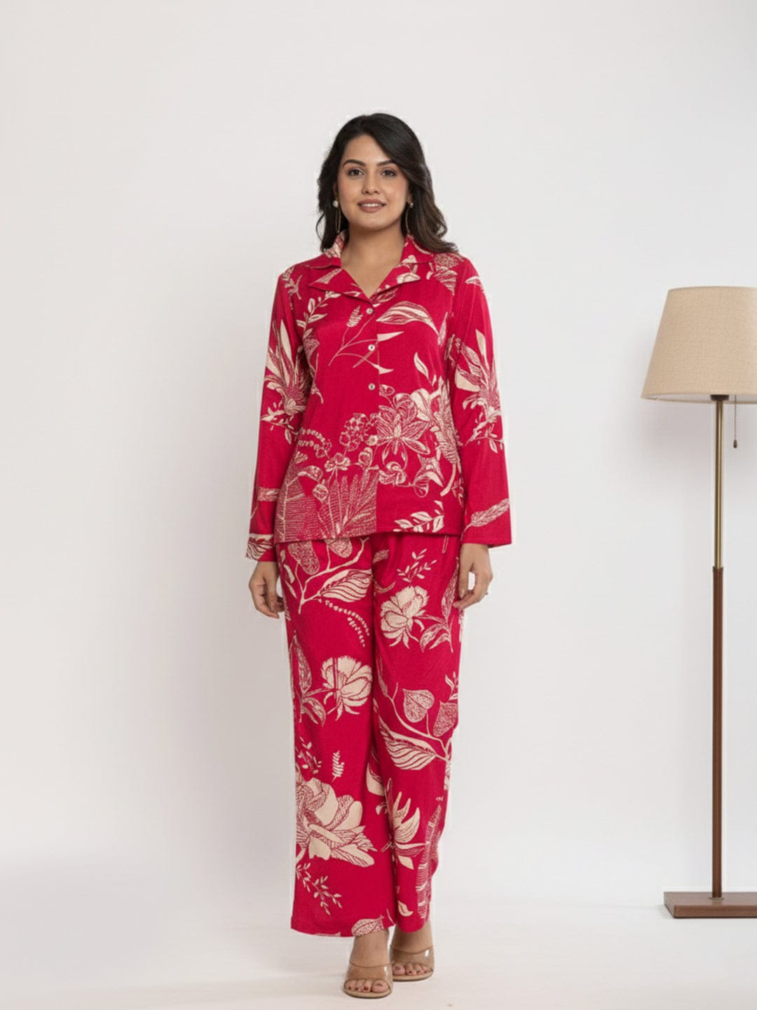 KSUT Women Floral Printed Front Placket Shirt with Flared Palazzo