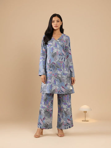 KSUT Women Grey Abstract Printed Angrakha Style Kurta Paired With Bottom
