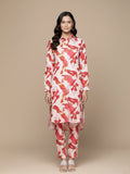 KSUT Women Cream Abstract Printed Shirt Collar Straight Kurta Paired With Tonal Bottom