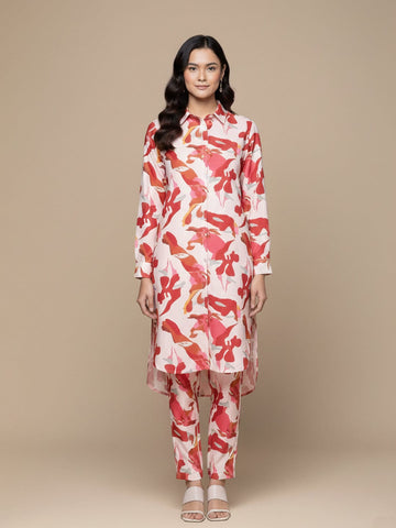 KSUT Women Cream Abstract Printed Shirt Collar Straight Kurta Paired With Tonal Bottom