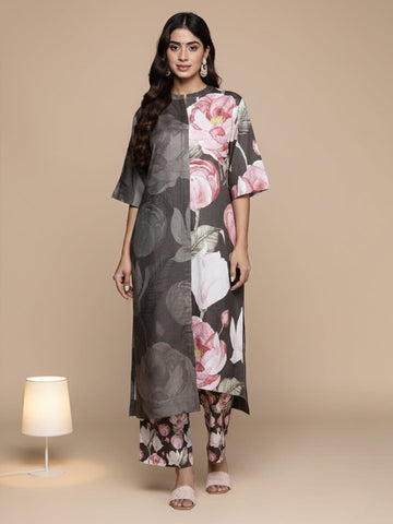 KSUT Women Olive Floral Printed Assymetric Straight Kurta Paired With Tonal Printed Bottom