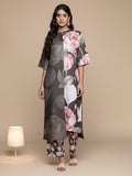 KSUT Women Olive Floral Printed Assymetric Straight Kurta Paired With Tonal Printed Bottom