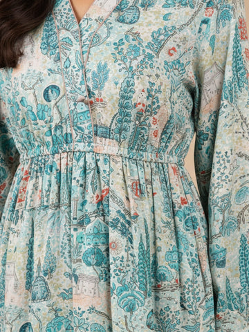 KSUT Women Teal Abstract Printed V-Neck Angrakha Style Top Paired With Tonal Printed Flared Bottom