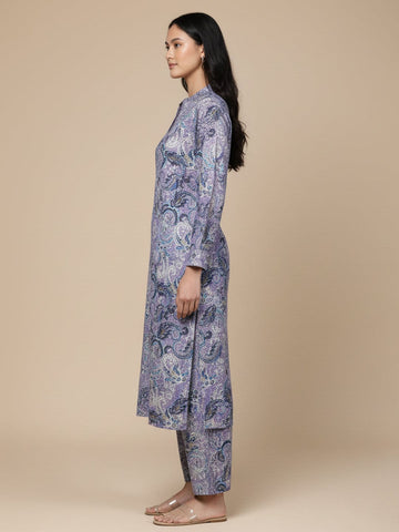 KSUT Women Lavender Paisley Printed Mandarin Collar With Slit Straight Kurta With Three Quarter Sleeves With Cuff Straight Kurta Paired With Tonal Bottom
