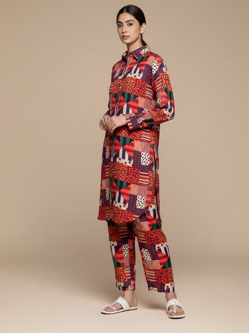 KSUT Women Multi Colour Abstract Printed Shirt Collar Straight Kurta Paired With Tonal Bottom