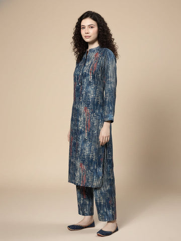 KSUT blue shibori printed mandrin collar straight kurta paired with tonal bottom
