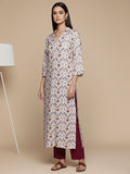 KSUT Women Off White Ikat Printed Shirt Collar Straight Kurta  Paired With Violet Solid Bottom.