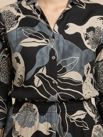 KSUT Women Floral Printed Front Placket Shirt with Flared Palazzo
