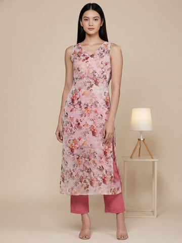 KSUT Women Beige & Pink Floral Printed V-Neck Sleeveless Straight Kurta Paired With Tonal Bottom