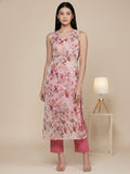 KSUT Women Beige & Pink Floral Printed V-Neck Sleeveless Straight Kurta Paired With Tonal Bottom