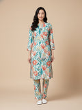 KSUT Women Cream Floral Printed High Low Straight Kurta Paired With Tonal Bottom